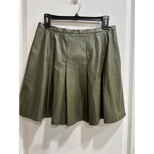 Ces femme Olive Green Pleated Faux Leather Skater Mini Skirt, Women’s Large